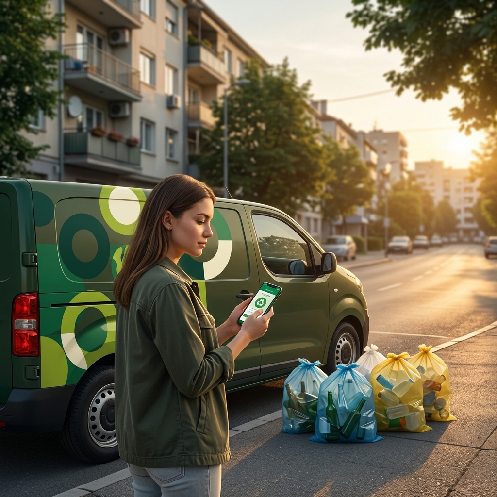 Граѓанин со телефон и апликацијата Eco Recycling, позади Пакомак комбе
